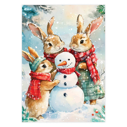 Three rabbits with a snowman in a snowy scene