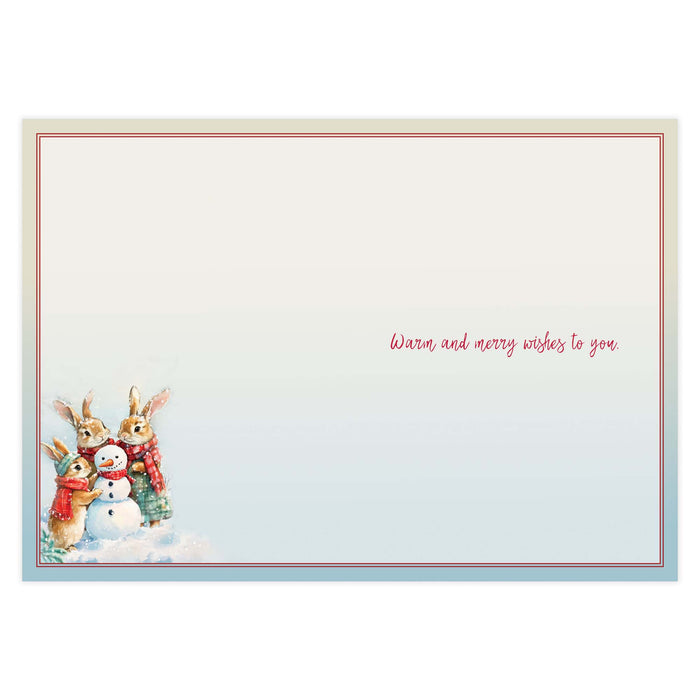 Christmas card with bunnies and a snowman on a light blue background