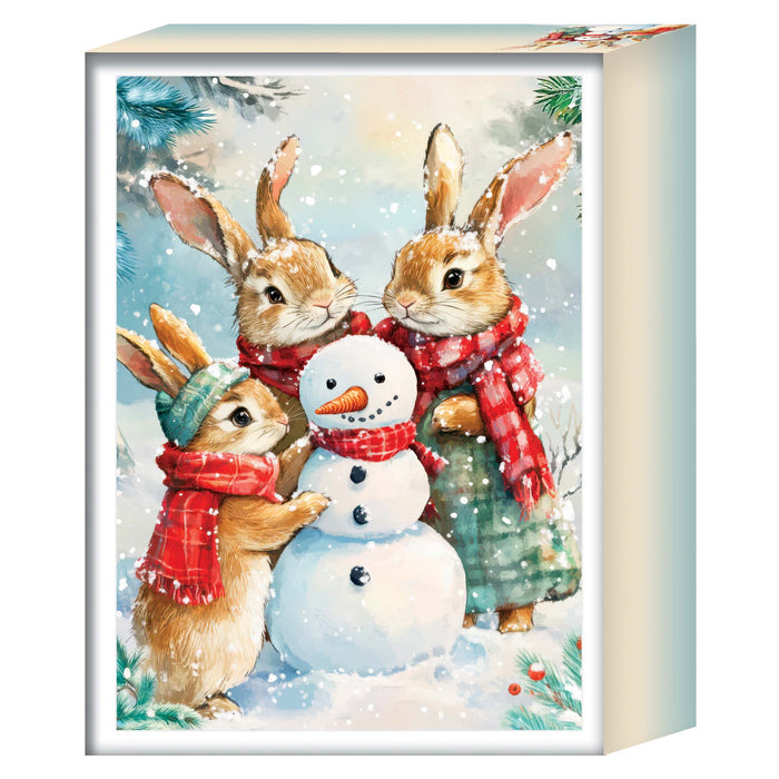 Three rabbits with a snowman in a snowy scene, surrounded by Christmas elements.