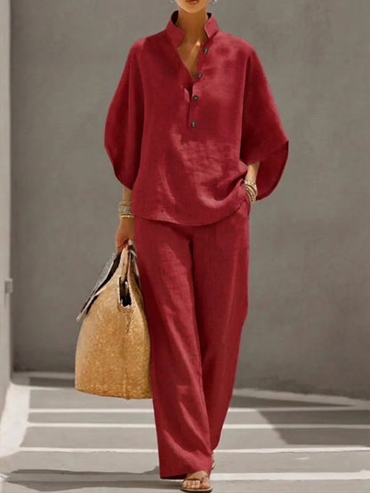 üî•Women's Batwing Sleeve Two-Piece Set ‚Äì Casual Shirt & Wide Leg Pants Outfit