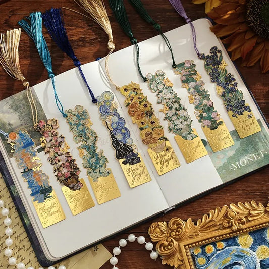 üìö‚ú® 8-Piece Gold Metal Bookmark Set with Tassel ‚Äì Van Gogh & Monet Inspired Gift for Book Lovers üé®