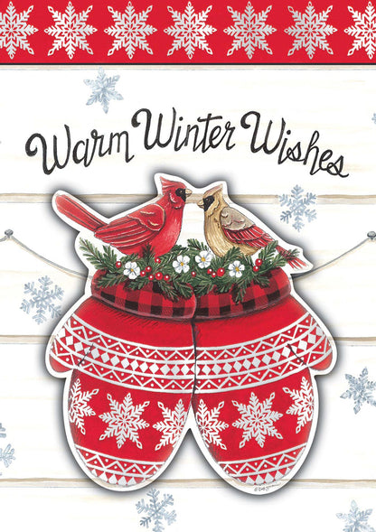 Card with red mittens, cardinals, and 'Warm Winter Wishes' text on a decorative border with snowflakes.