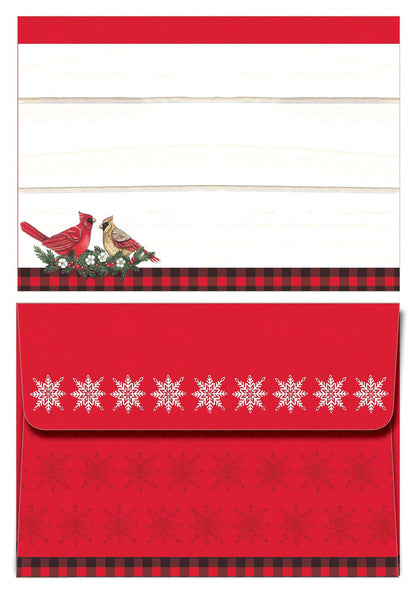 Christmas-themed red envelope, with  cardinal birds, and snowflake pattern on a white background.