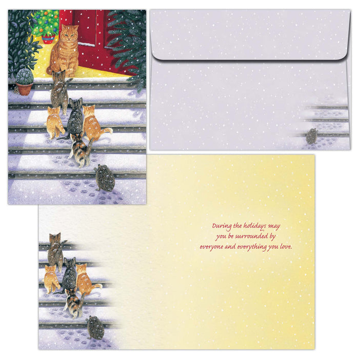 Holiday card with cats on a fence and envelope