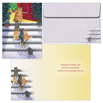 Holiday card with cats on a fence and envelope