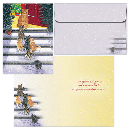 Holiday card with cats on a fence and envelope