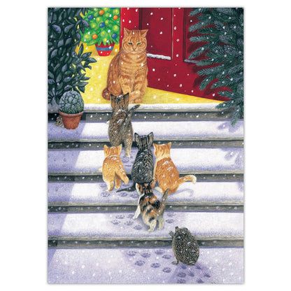 Illustration of cats and a hedgehog on a snowy porch with Christmas decorations.