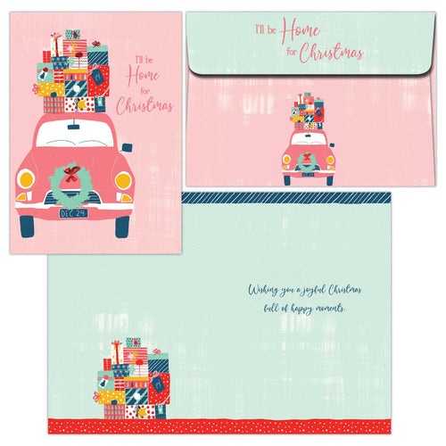 Set of Christmas cards with a pink car carrying gifts on a pink background.