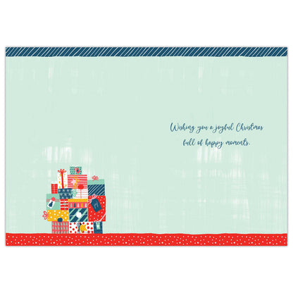 Christmas card with colorful presents and text on a light blue background