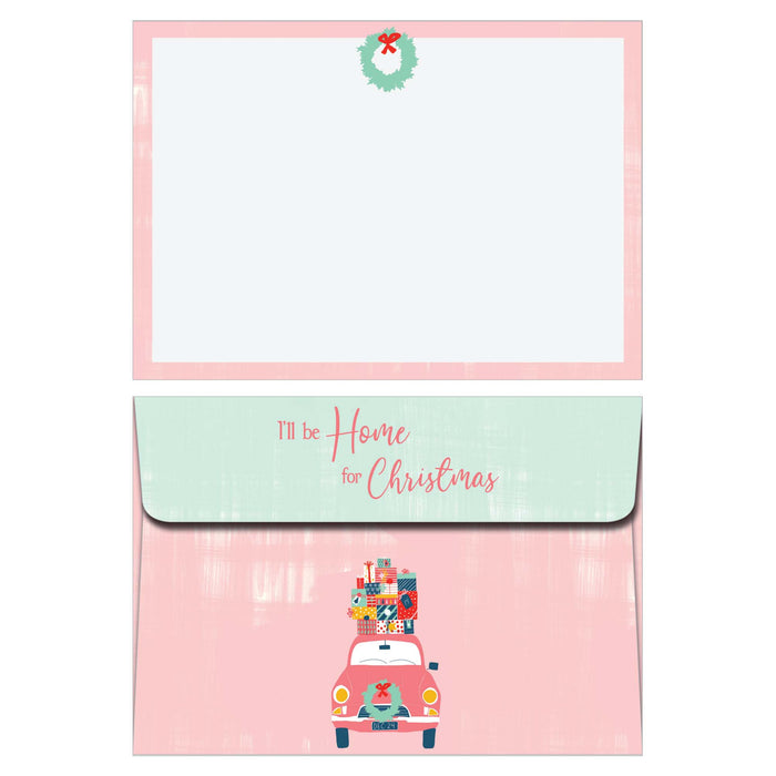 Set of Christmas-themed cards with a pink border, wreath, and car illustration.