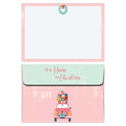 Set of Christmas-themed cards with a pink border, wreath, and car illustration.