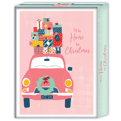 A pink car with Christmas gifts and wreath, text 'I'll be Home for Christmas' on a pink background.