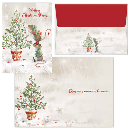 Set of Christmas-themed cards with mice and trees, featuring a red envelope.