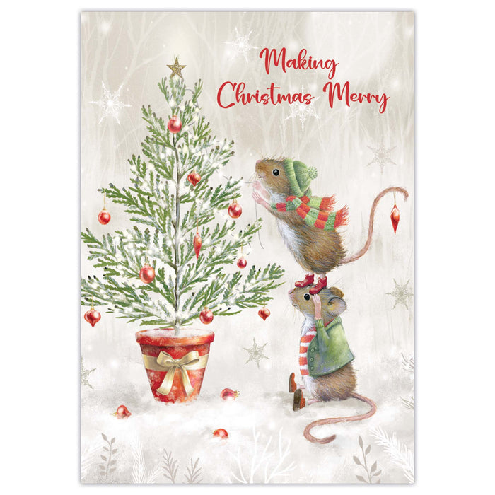 Christmas card with two mice and a decorated tree, featuring the text 'Making Christmas Merry'.