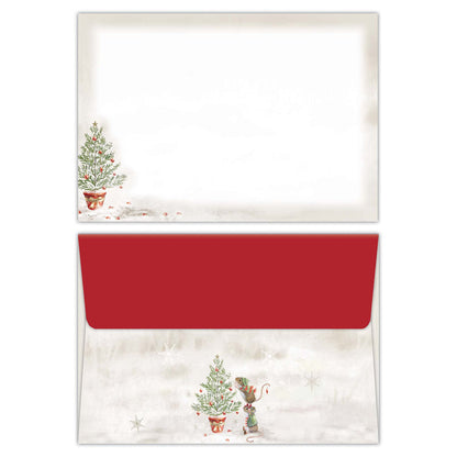 Envelope with Christmas tree and cat illustration on a white background