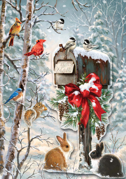 Winter scene with birds, animals, and a mailbox decorated with a red bow.