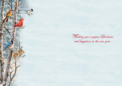 Winter scene with birds on trees and a snowy background, featuring a Christmas message.