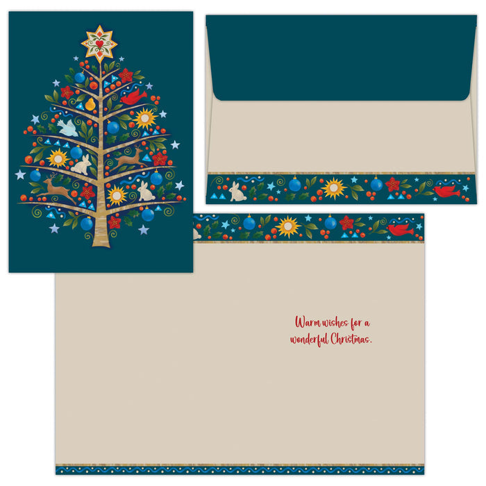 Christmas-themed card with a decorative tree design on a blue background, featuring a matching envelope and border.