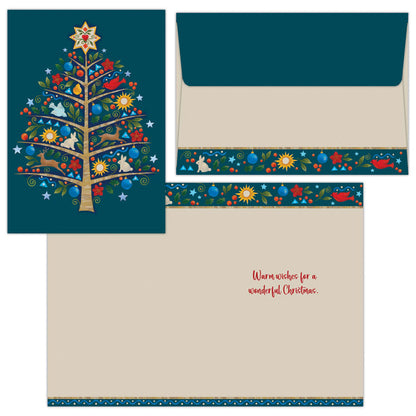 Christmas-themed card with a decorative tree design on a blue background, featuring a matching envelope and border.