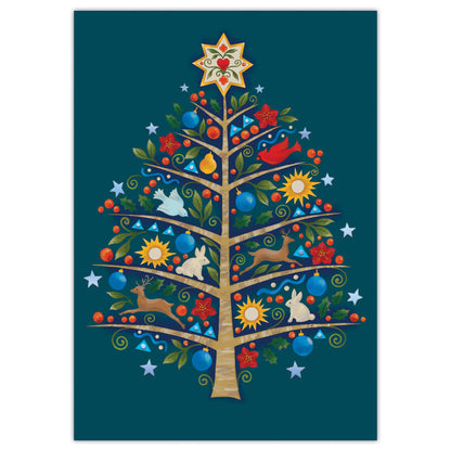 Decorative Christmas tree with colorful ornaments on a blue background