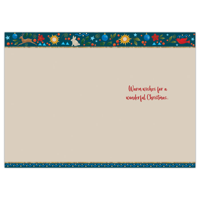 Beige card with Christmas-themed border and text 'Warm wishes for a wonderful Christmas'.