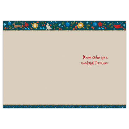 Beige card with Christmas-themed border and text 'Warm wishes for a wonderful Christmas'.