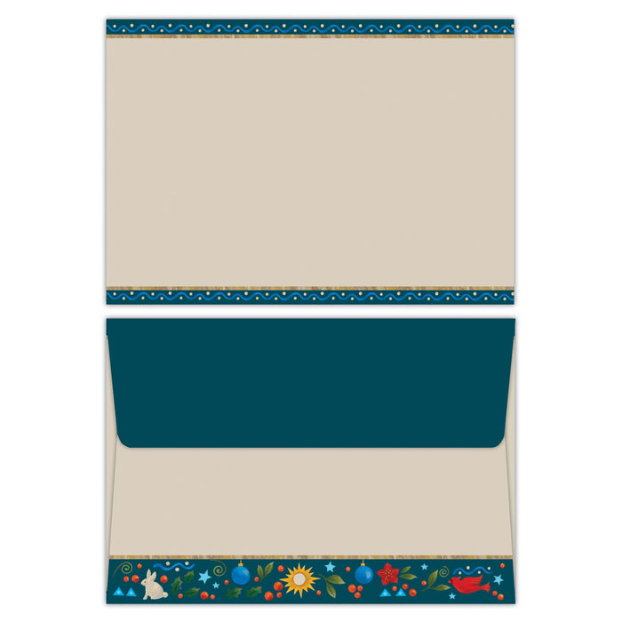 Decorative paper with a blue stripe and colorful border on a white background