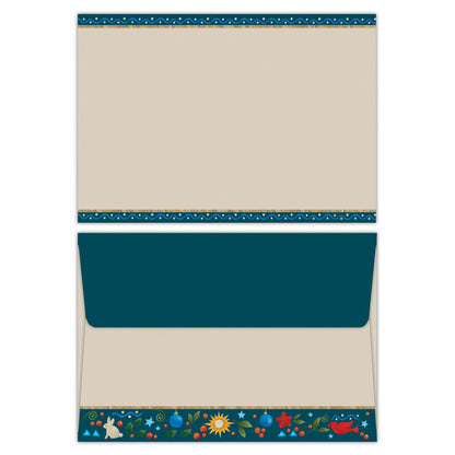 Decorative paper with a blue stripe and colorful border on a white background