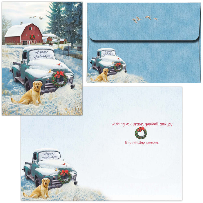 Set of Christmas cards with a vintage truck and dog in a snowy scene, featuring envelopes.