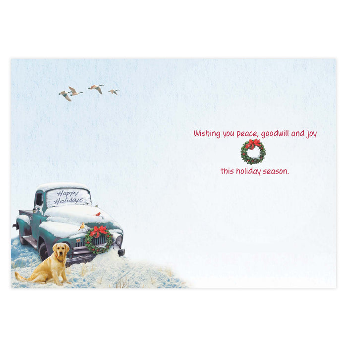 Holiday card with a dog, car, and text on a snowy background