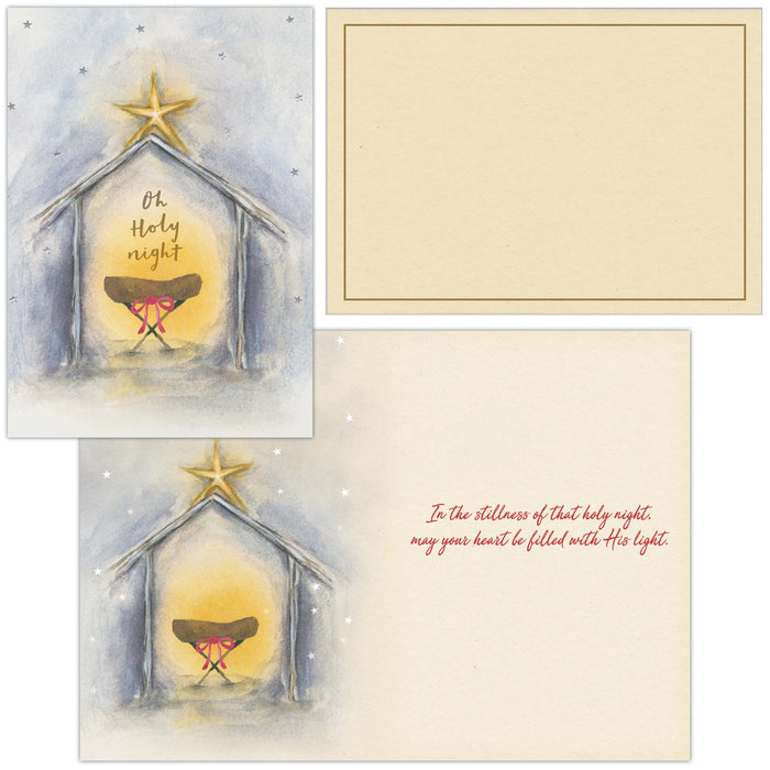 Two Christmas cards with a nativity scene and star, featuring text on a beige background.