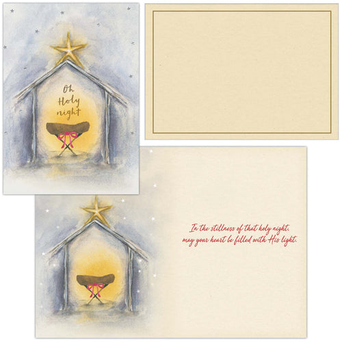 Two Christmas cards with a nativity scene and star, featuring text on a beige background.