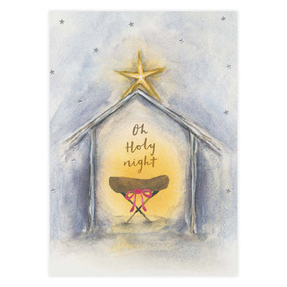 Nativity scene with 'Oh Holy Night' text and star above, watercolor style