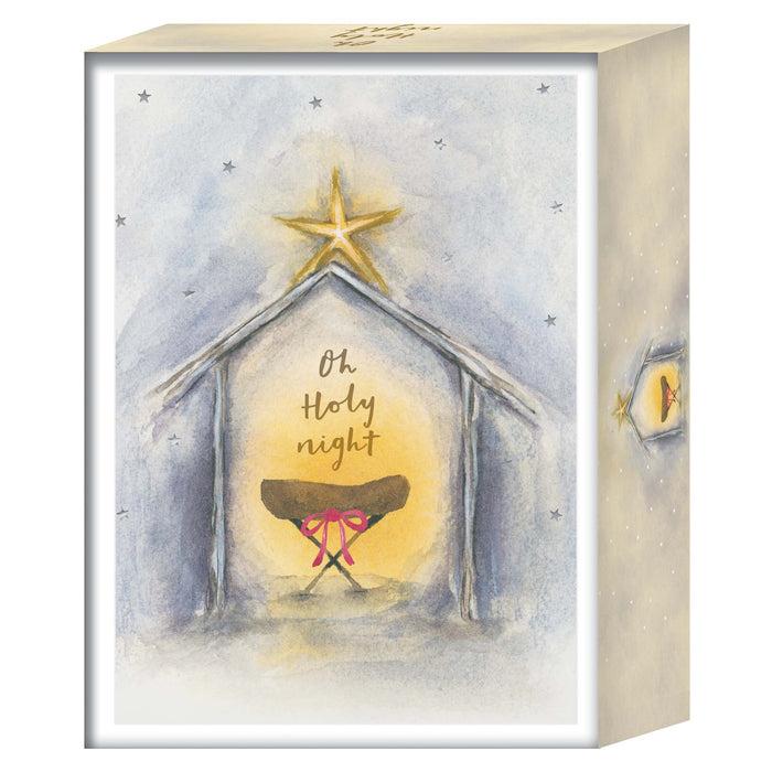 Decorative box with a nativity scene illustration and 'Oh Holy Night' text.