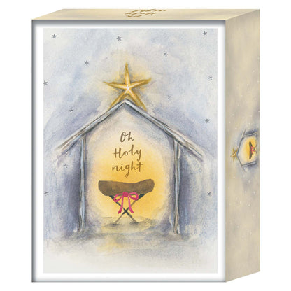 Decorative box with a nativity scene illustration and 'Oh Holy Night' text.