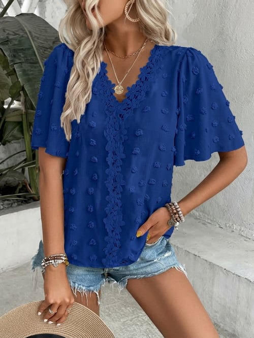 üî• Elegant Swiss Dot Lace Butterfly Sleeve Shirt, Long Sleeve Commuter Top, Loose Fit Casual Summer Blouse for Women