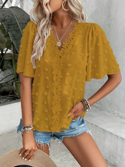 üî• Elegant Swiss Dot Lace Butterfly Sleeve Shirt, Long Sleeve Commuter Top, Loose Fit Casual Summer Blouse for Women