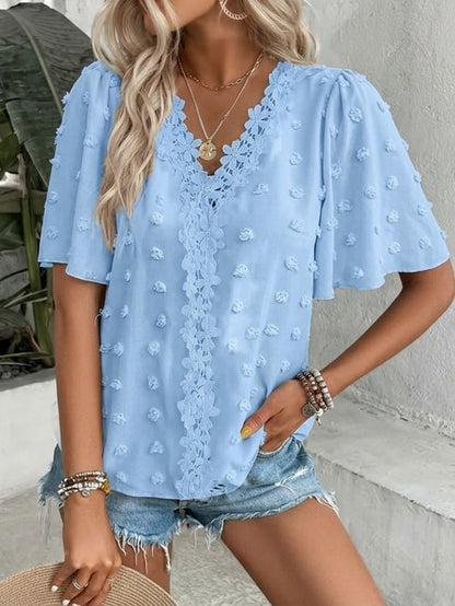 üî• Elegant Swiss Dot Lace Butterfly Sleeve Shirt, Long Sleeve Commuter Top, Loose Fit Casual Summer Blouse for Women