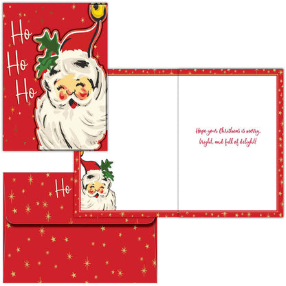 Christmas card with Santa Claus illustration on a red background
