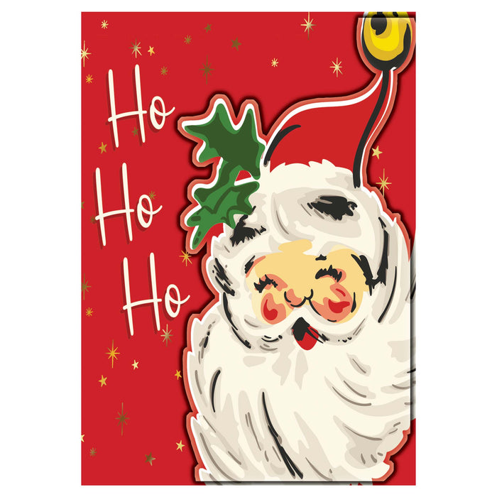 Illustration of Santa Claus with a red background and 'Ho Ho Ho' text