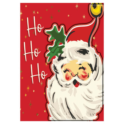 Illustration of Santa Claus with a red background and 'Ho Ho Ho' text