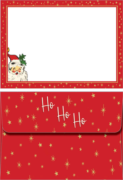 Christmas-themed envelope with Santa Claus illustration and 'Ho Ho Ho' text on a red background.