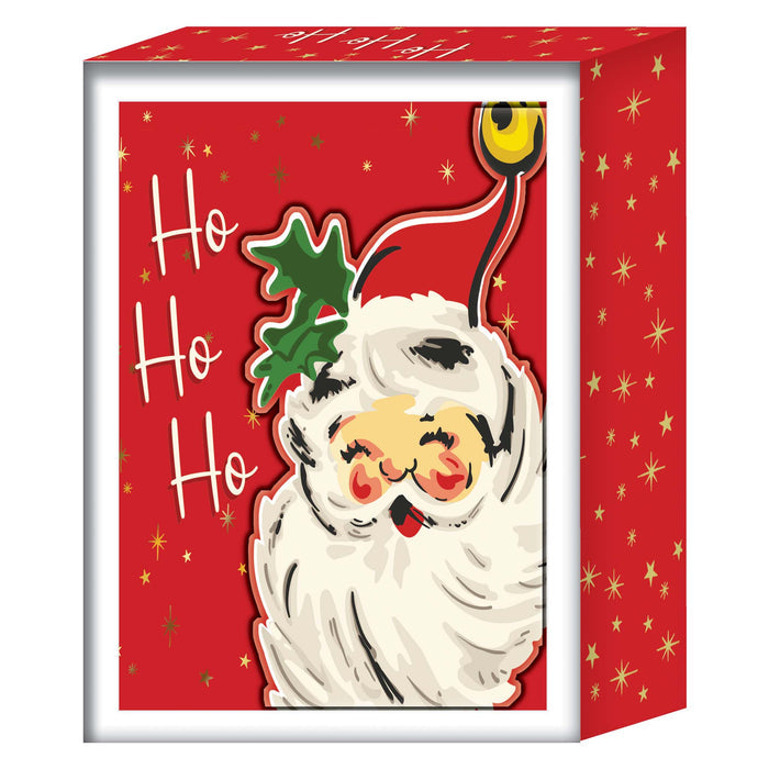 Christmas card with Santa Claus illustration and 'Ho Ho Ho' text on a red background