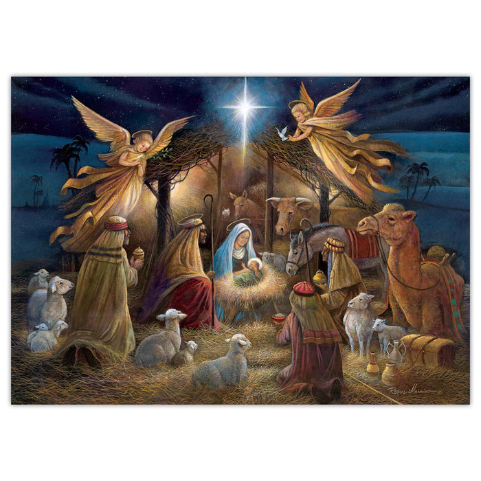 Nativity scene with Mary, Joseph, and baby Jesus surrounded by animals and angels.