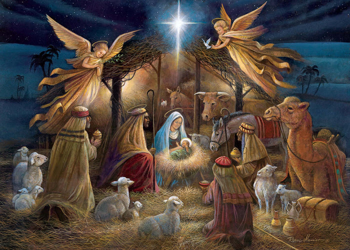 Nativity scene with Mary, Joseph, and baby Jesus surrounded by animals and angels.