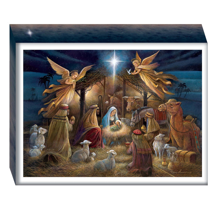 Nativity scene with angels, shepherds, and animals in a stable.