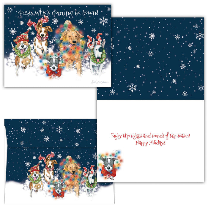 Set of Christmas cards with festive dogs and snowflakes on a blue background.
