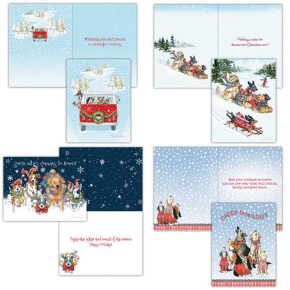 Collection of Christmas cards with festive illustrations of dogs and winter scenes.