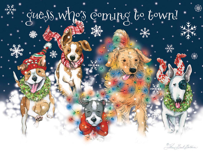 Illustration of dogs in festive attire with text 'Guess who's coming to town' on a snowy background.