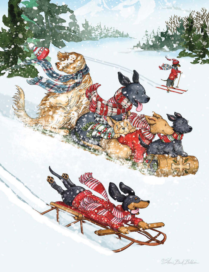 Illustration of dogs in winter clothing sledding through a snowy landscape.